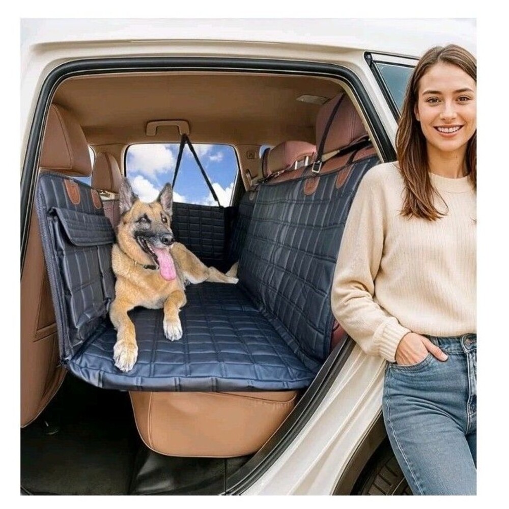 Dog Car Seat Cover for Back Seat Hard Bottom  Black Leather - With Door Covers